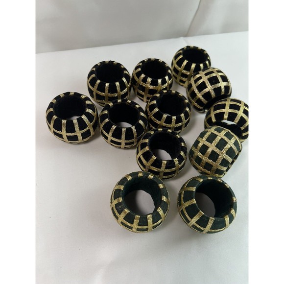 12 Pcs‎ Napkin Rings Velvet With Gold Ribbon Woven 9 Black 3 Green - Picture 2 of 6